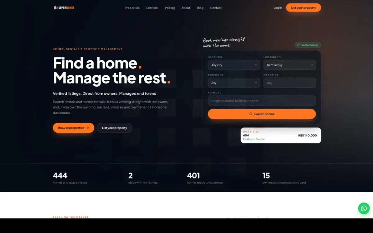 Screenshot of the SuperHomes website